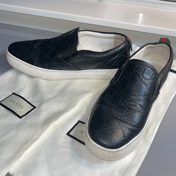Mens black GUCCI leather slip on sneaker GG logo size 10 - Picture 8 of 8